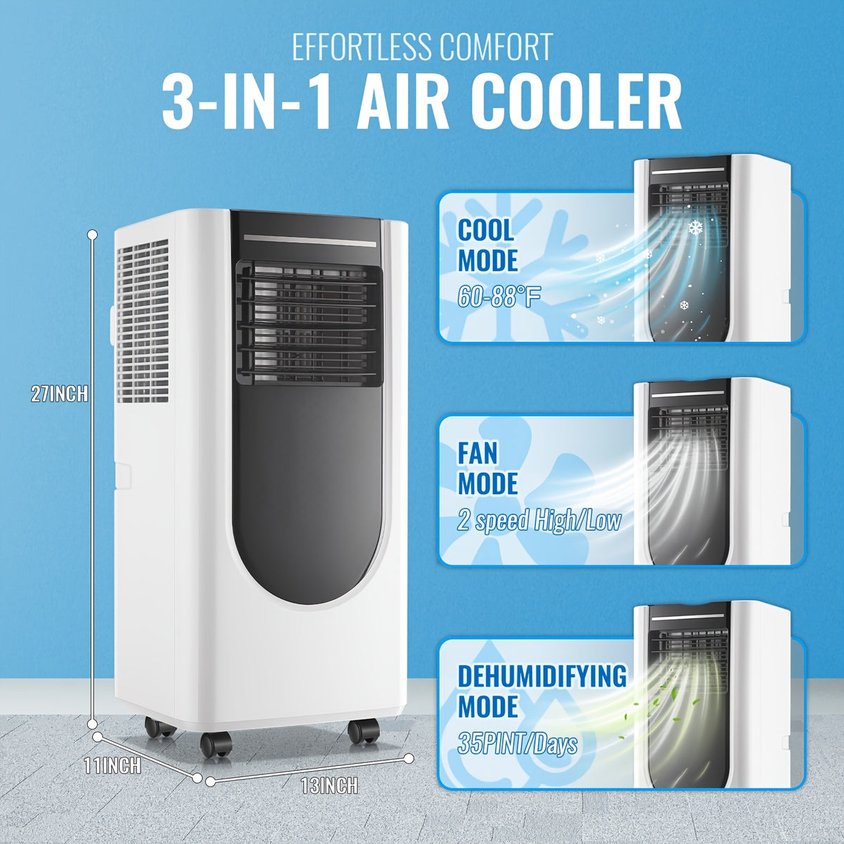 8000 BTU ASHRAE(4400 BTU SACC) Portable Air Conditioner With Remote Control, 3-in-1 Freestanding AC Unit, Cool Rooms Up To 250 Sq Ft