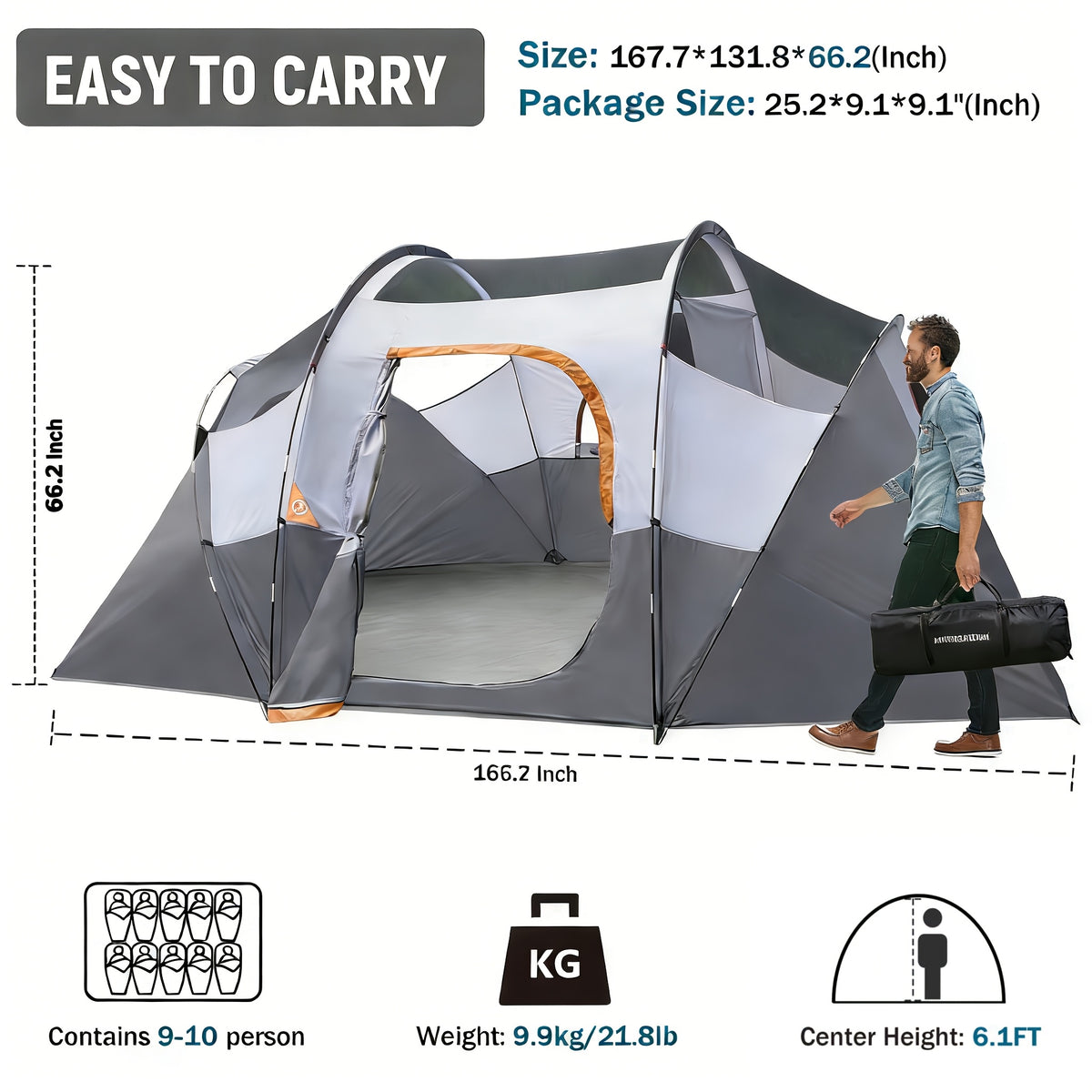 10 Person Camping Tent - Portable Easy Set Up Family Tent for Camp, Windproof Fabric Dome Tent Outdoor for Hiking, Backpacking, Traveling-14'x11'x74in(H)