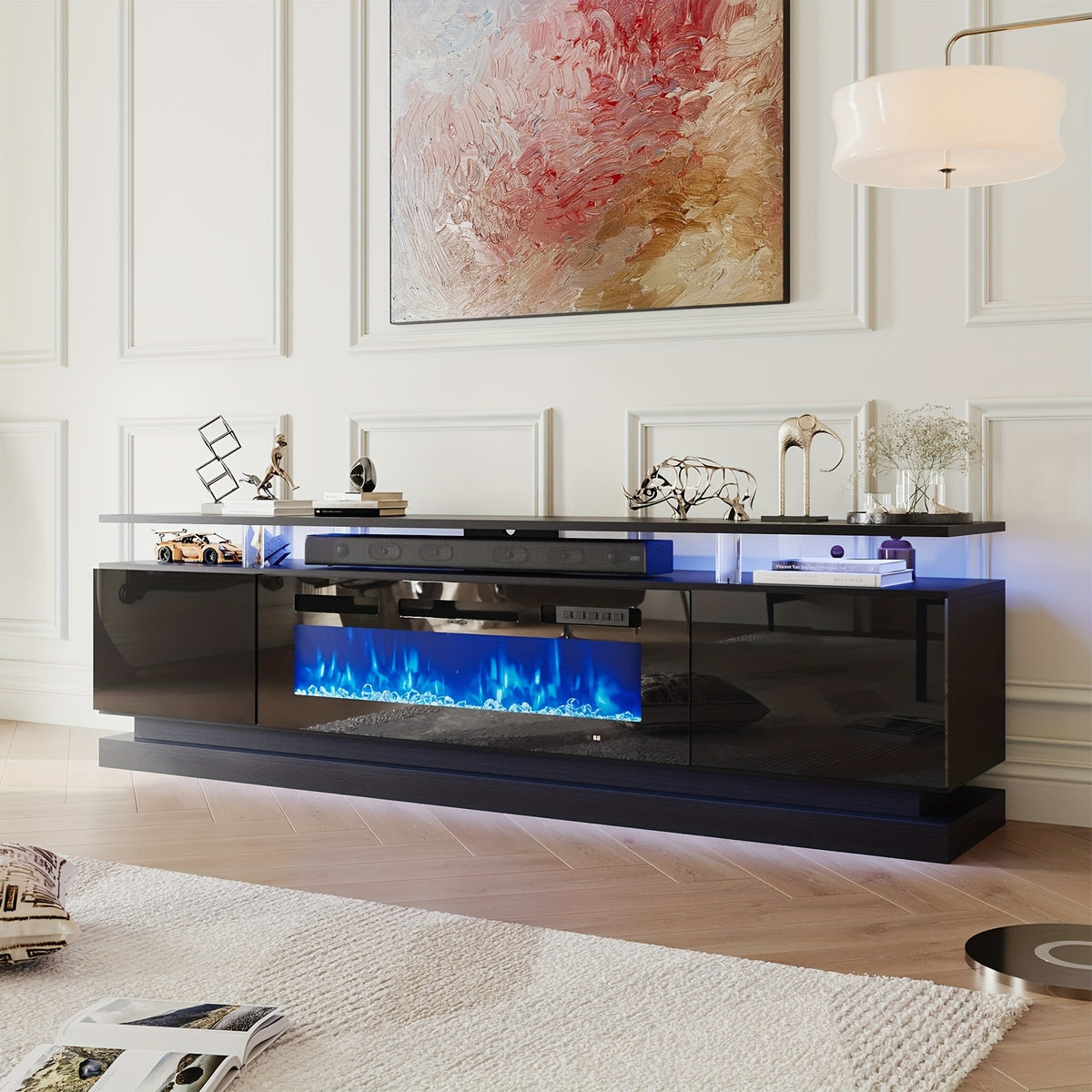 Fireplace TV Stand with 36" Fireplace, Modern High Gloss Fireplace Entertainment Center LED Lights, TV Console Cabinet for TVs Up to 80"