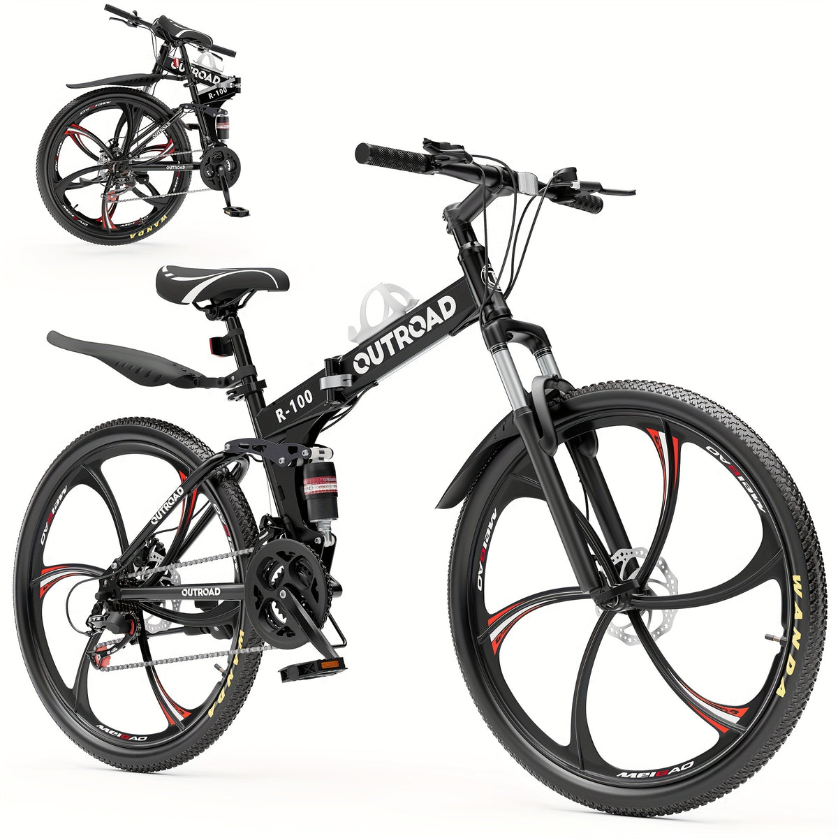 26 Inch Adult Folding Bikes/Mountain Bikes, 21 Speeds Mountain Bicycles With Full Suspension, Dual Disc Brake, High Carbon Steel Frame, Foldable Bike For Men/Women/Teen (Green&Black)