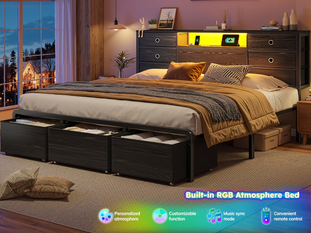 Reinforced Storage Bed Frame, King/Queen/Full with 8/9 Drawers, Headboard Storage, Multi-Color LED Lights & Charging Station, Noiseless & Easy Assembly, Black/Tiger Brown