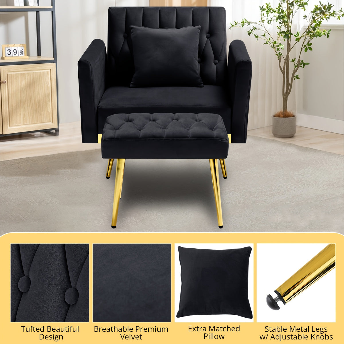 ACMEASE 31.5 Inch Velvet Adjustable Accent Chair with Ottoman & Pillow, Tufted Single Sofa Chair with Golden Metal Legs for Living Room