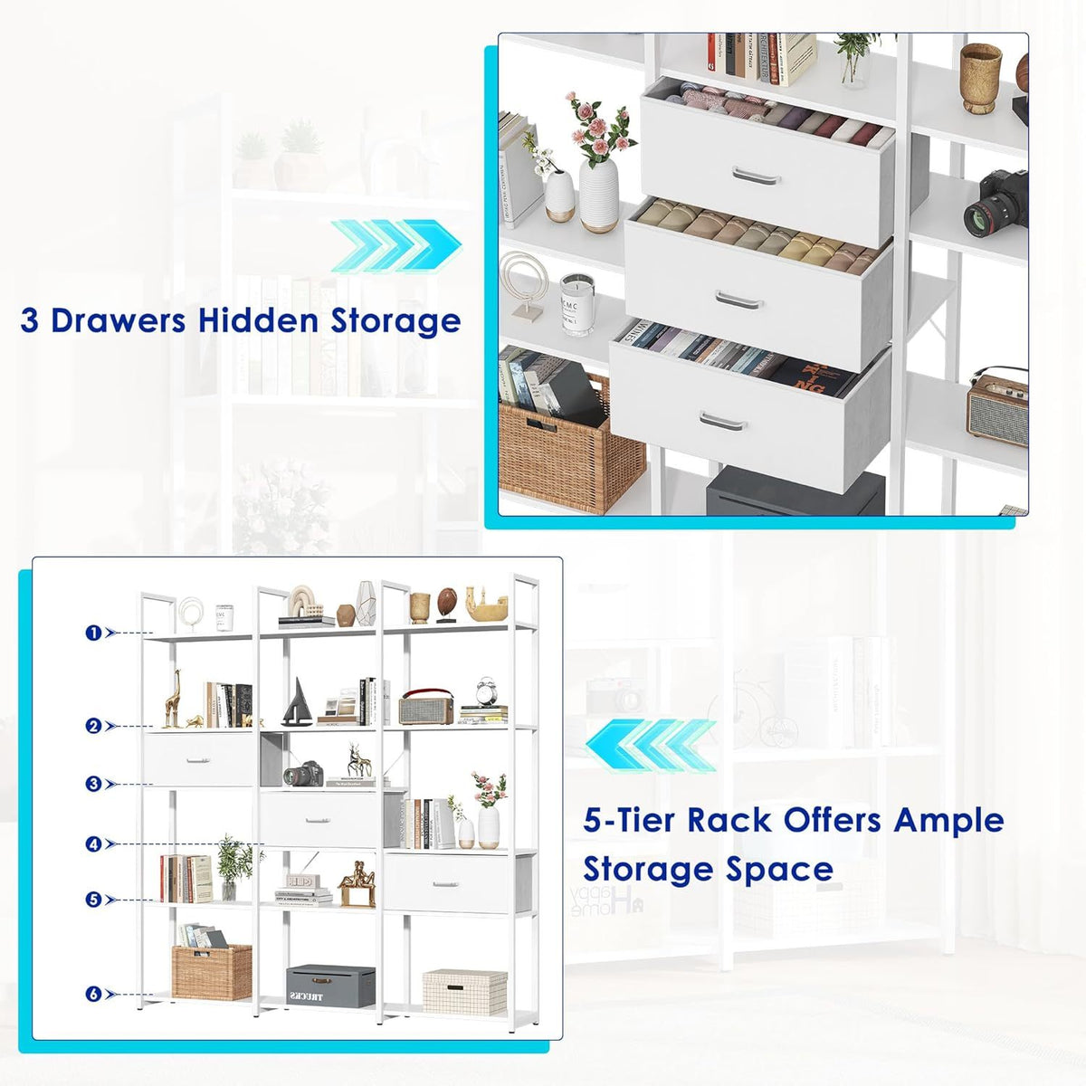 A 73.6-Inch Tall Bookshelf Featuring Three Drawers And Sixteen Storage Shelves, This Industrial Bookcase Includes Sixteen Open Display Shelves, Making It a Spacious Etagere Bookshelf, Perfect for Home And Office Use, in White