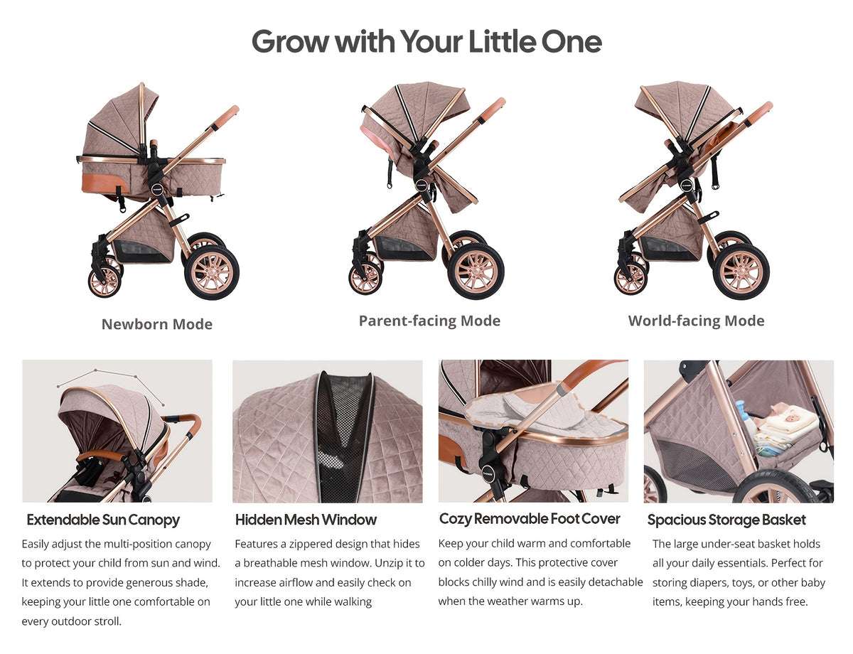 Cochildor Foldable Baby Stroller, Shock Absorption & All-Terrain Tires, Reversible Forward-Facing Push Adjustable Handlebar Large Sun Canopy Storage Basket, Lightweight Durable Aluminum Frame, for Travel Shopping Park - Two-way Baby Pram