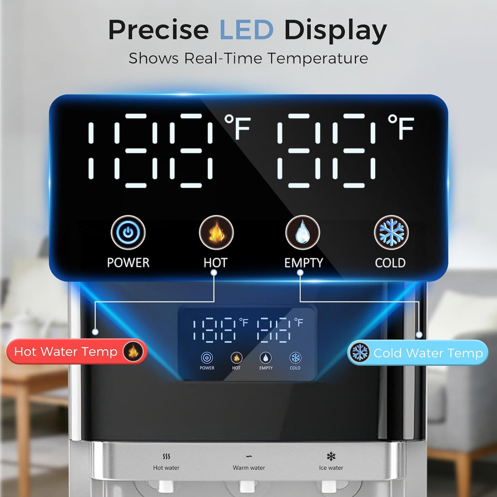 Bottom Load Water Dispenser, LED Display, Hot Cold & Room Water, Stainless Steel Tank, Child Lock, 3 & 5 Gallon for Home & Office