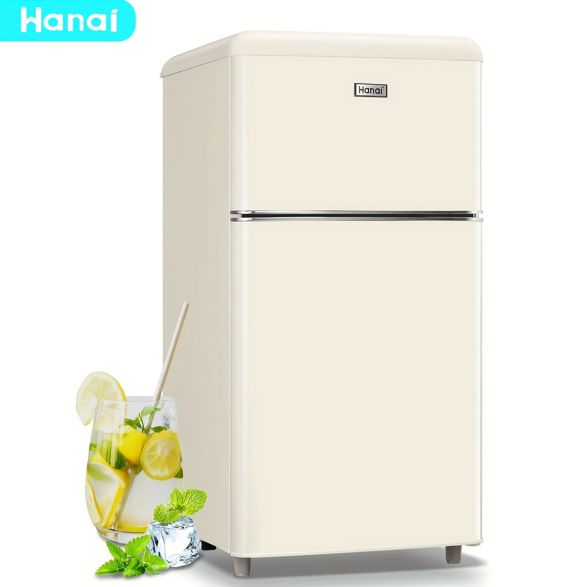 3.8 Cu.Ft Small Refrigerator With Freezer Retro Mini Fridge Two Doors For Home Dorm College Office Freestanding Blue Refrigerator With LED Lights And Glass Shelves