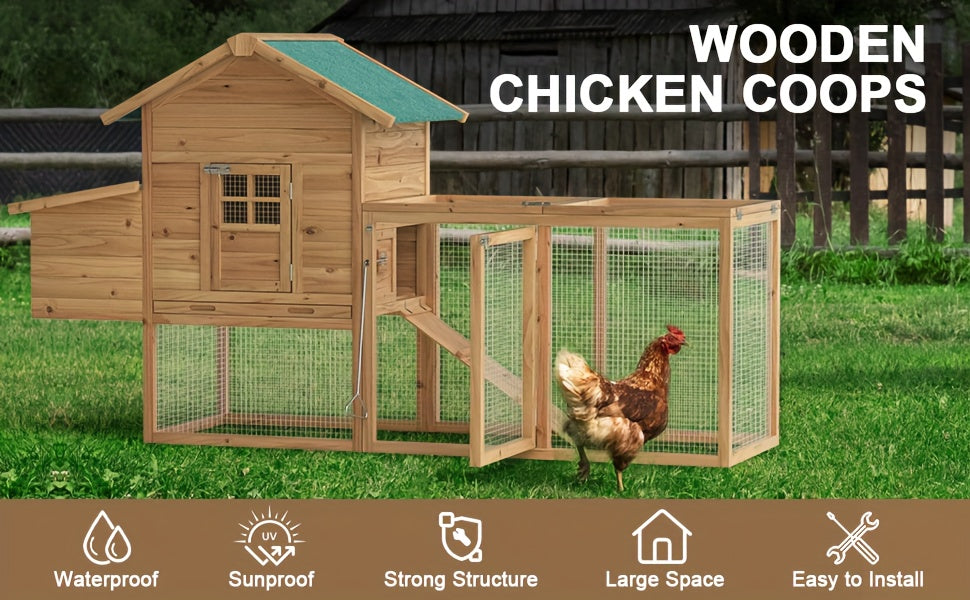 GOJOOASIS 80" Chicken Coop For 2-4 Chickens Outdoor Wooden Hen House Poultry Pet Hutch For Backyard W/Run Cage & Nesting Box, Without Battery