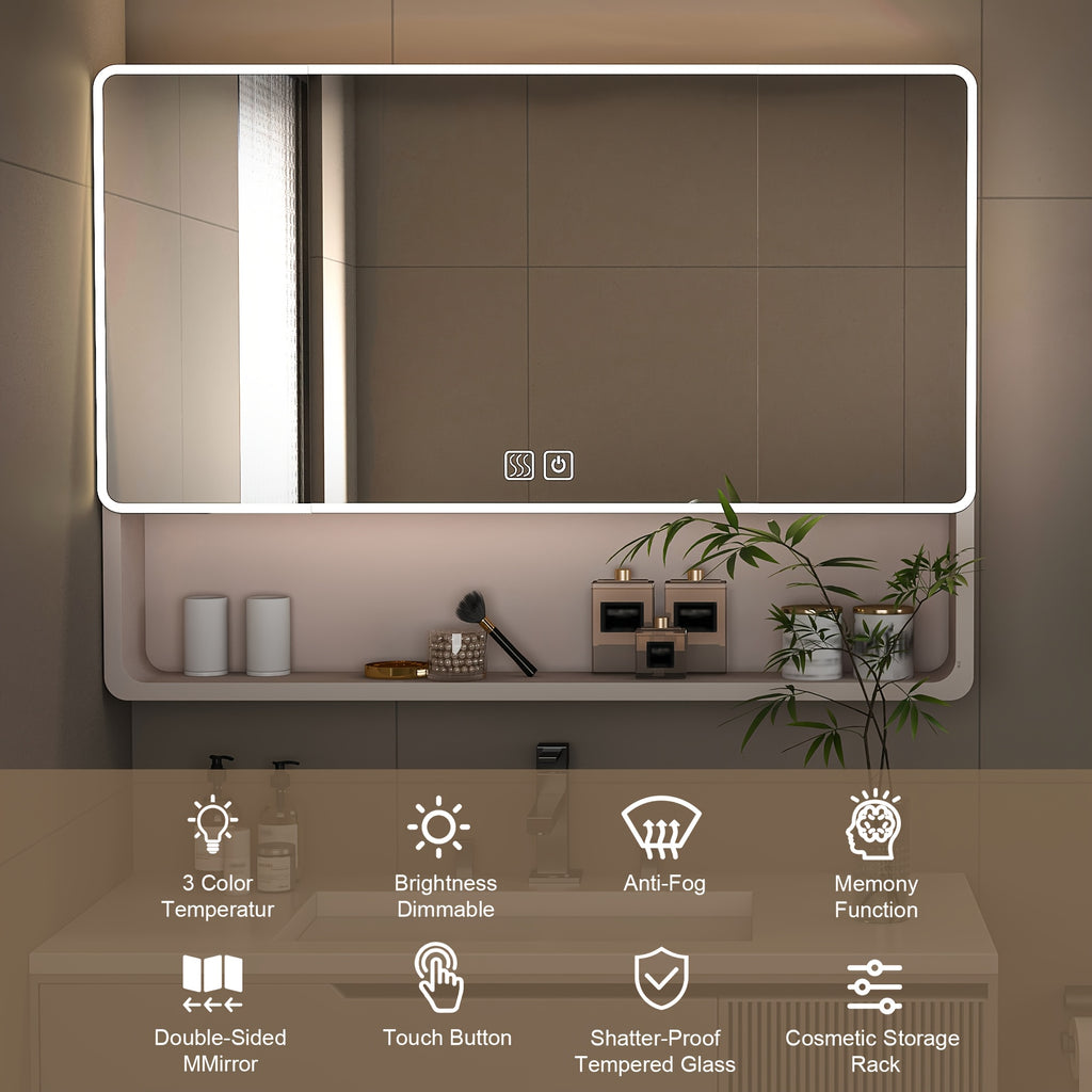 Legend Stone 35"x 28" Aluminum Bathroom Mirror Cabinet with Smart LED Lighting And Defogging, Wall-Mounted Vanity Mirror with Cosmetic Storage Rack And Hair Dryer Holder, Khaki