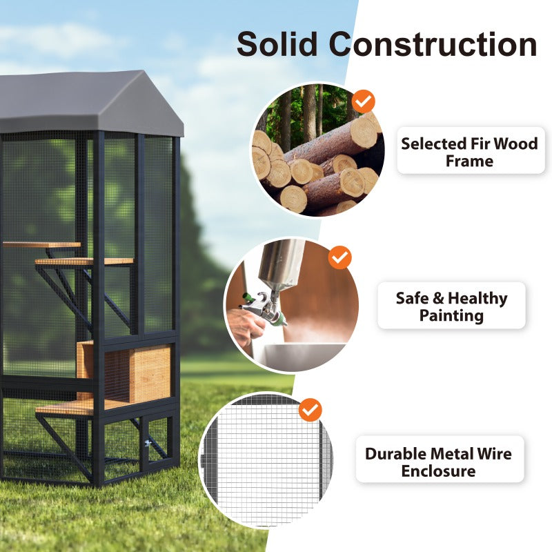 Large Cats House, Black Catio Outdoor Cat Enclosure, Cat Catio for Mulitiple Cats Walk In with Cover And Sunshine Roof, Pet Cage with 7 Platforms And 2 Resting Box, 72 Inch