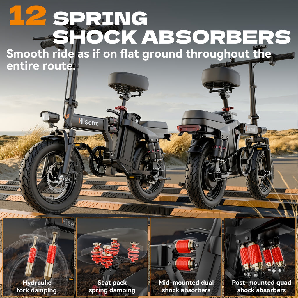 Hisent Folding Electric Scooter, 500W Brushless Motor, Speed 19.9mph, Dual Suspension System, Full Shock Absorption, 48V 10AH-17.5AH Battery(optional), 15-35 Miles Range, 14-inch High-quality Tires, With Double Seats