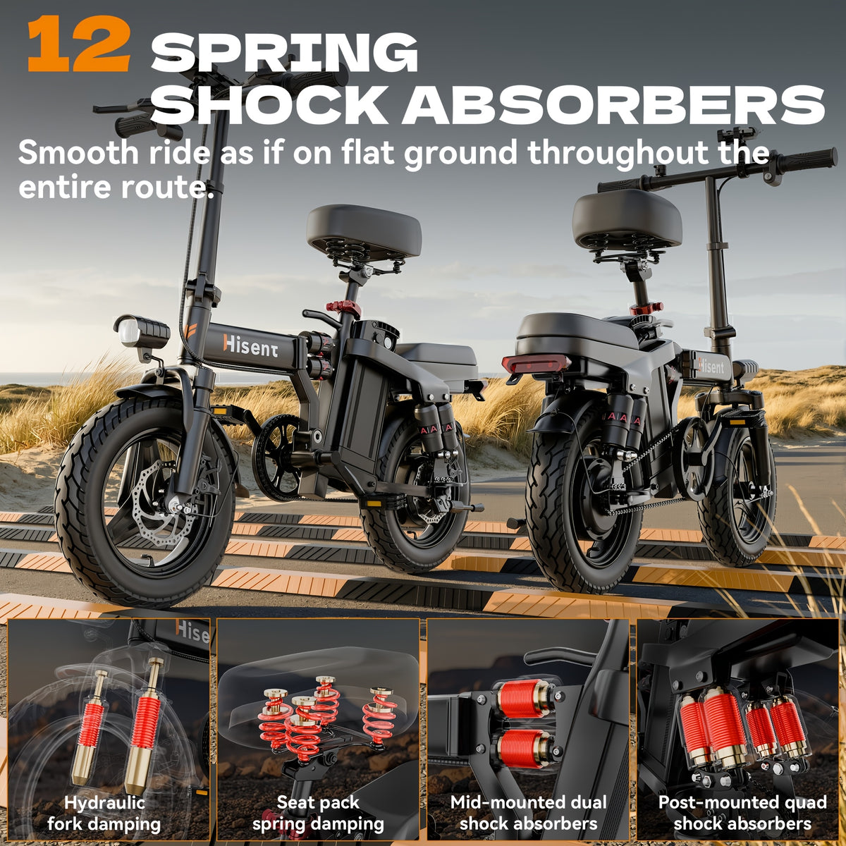 Hisent Folding Electric Scooter, 500W Brushless Motor, Speed 19.9mph, Dual Suspension System, Full Shock Absorption, 48V 10AH-17.5AH Battery(optional), 15-35 Miles Range, 14-inch High-quality Tires, With Double Seats