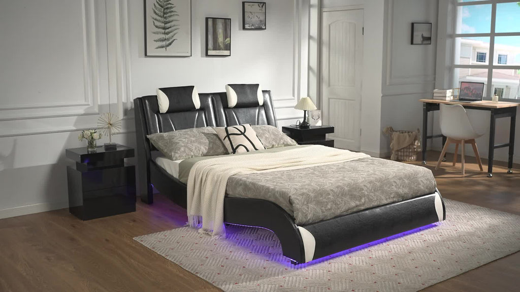Modern Elegance Meets Functionality: Papajet Full Floating Bed Frame with Built-In LED Lights, Faux Leather Upholstery, And Wave-Shaped Curves, No Box Spring Required