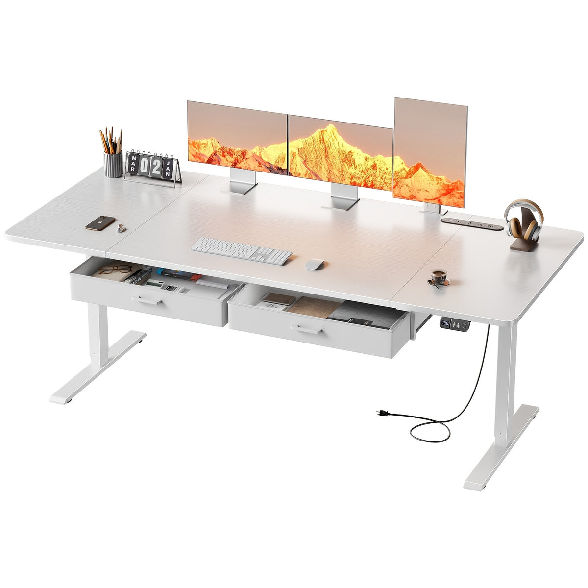 Electric Standing Desk with Dual Drawers and Built-In Power Panel for Home Offices and Gaming Setups