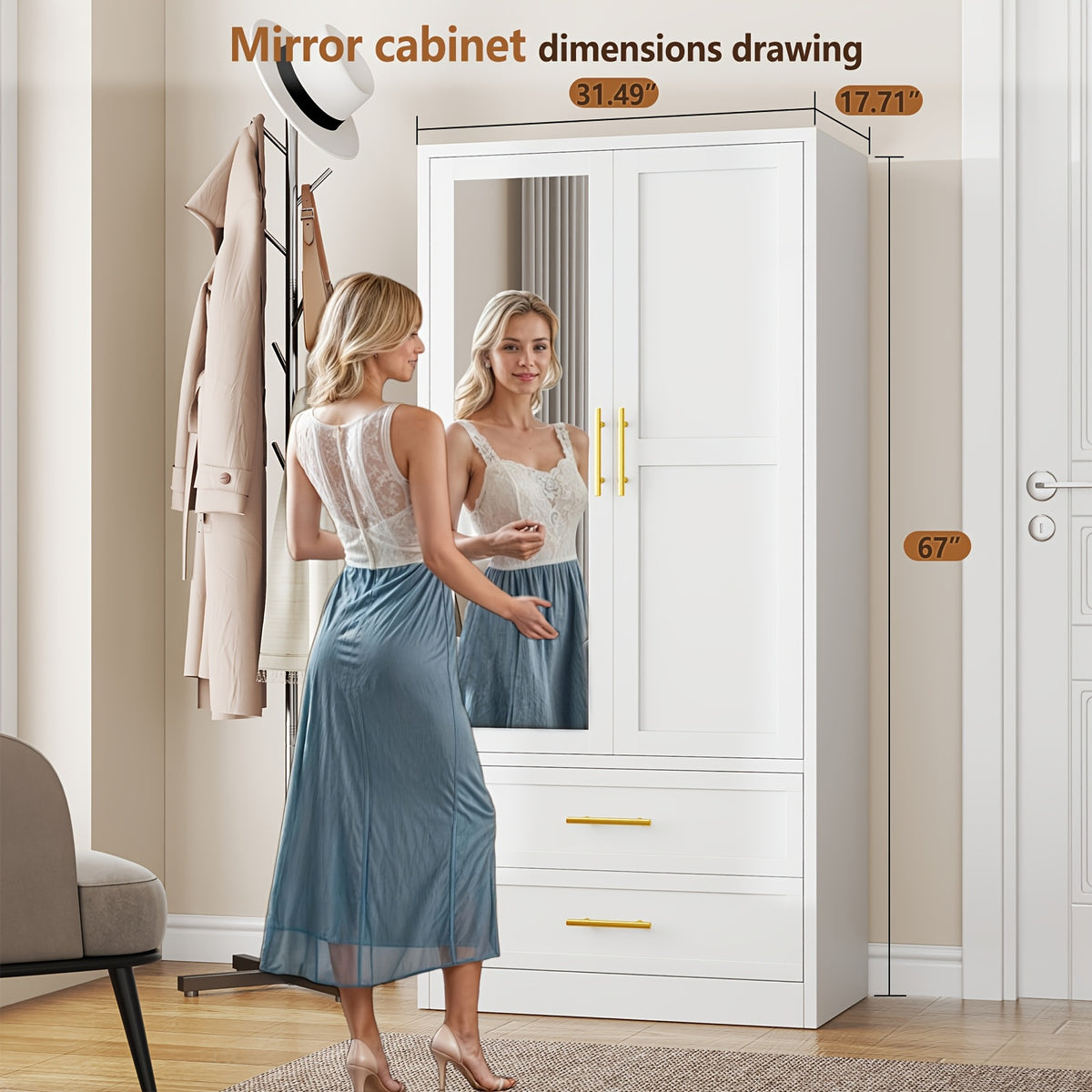 71 Inch Metal Wardrobe with Mirror, 2 Drawers, Adjustable Shelves And Hangers, Clothing Storage Cabinet for Bedroom