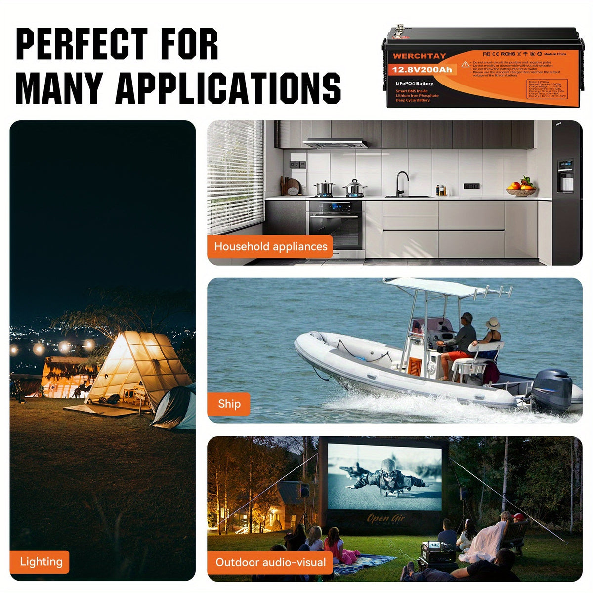 WERCHTAY 12.8V 100Ah/200Ah/300Ah LiFePO4 Battery Built-in BMS Rechargeable Lithium Battery With Up To 25000+ Cycles 1280Wh/2560Wh/3840Wh Higher Energy Density Perfect For Off-Grid, RV, Solar, Motorhome And Boats.--Summer Early Bird