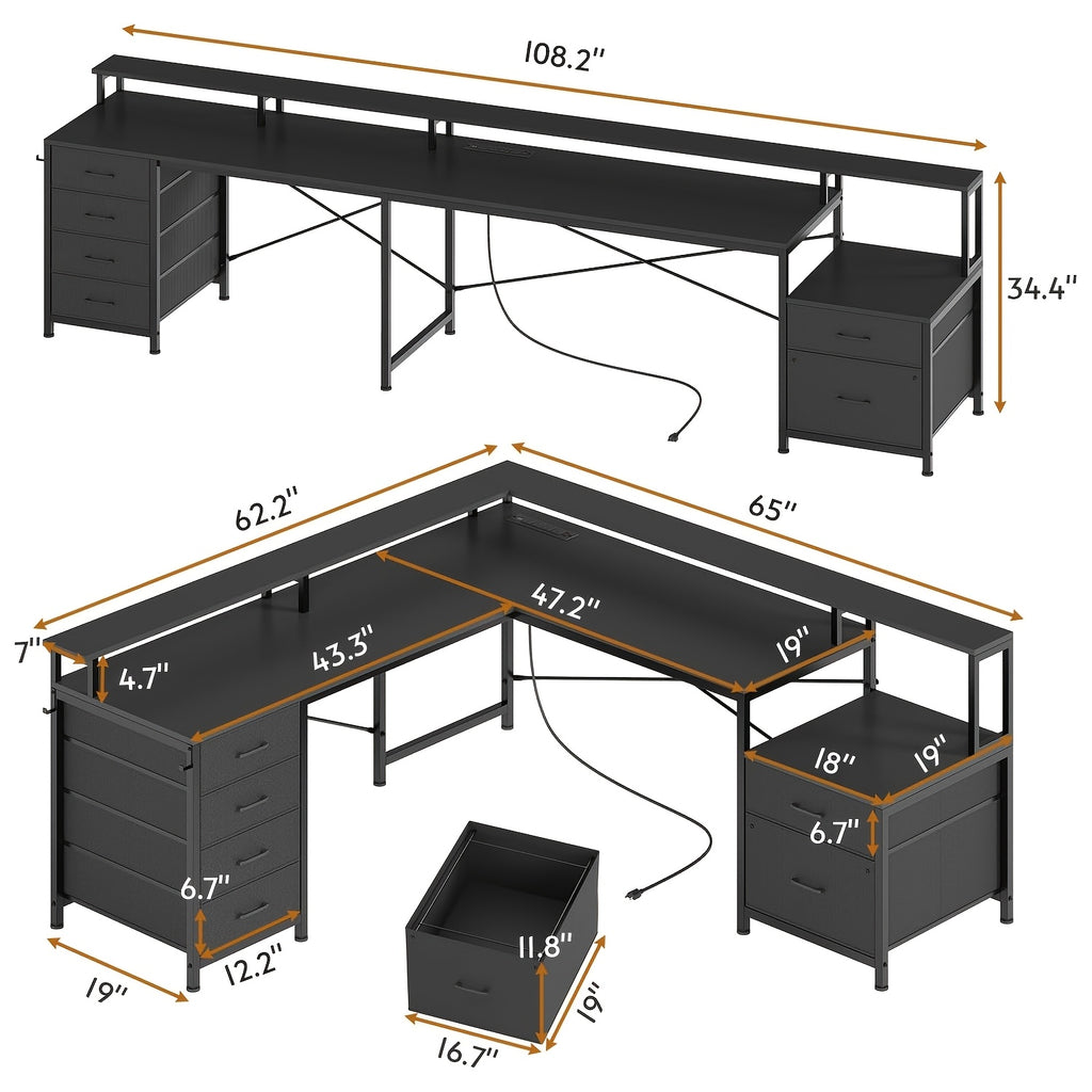 L-Shaped Office Desk with 6 Drawers And LED Lights, Corner Computer Desk with Monitor Shelf, Two-Person Desk