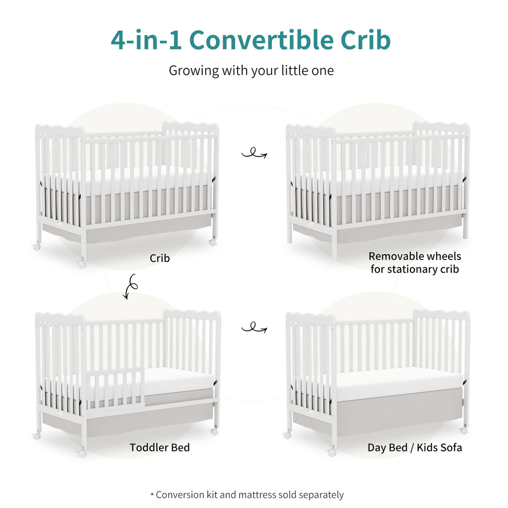 Goldzone 4in 1 Convertible Baby Crib, Wooden Baby Stuffs Converts Into Toddler Bed, Daybed, Newborn Essential with 3 Adjustable Base, Nursery Decor Necessities with Wheel & Non-Toxic Finishes, Item Weight: 36lbs, Maximum Weight Recommendation: 50lbs