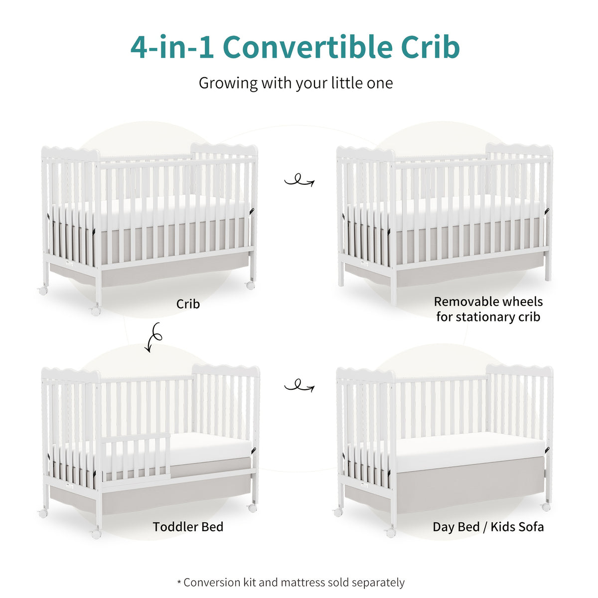 Goldzone 4in 1 Convertible Baby Crib, Wooden Baby Stuffs Converts Into Toddler Bed, Daybed, Newborn Essential with 3 Adjustable Base, Nursery Decor Necessities with Wheel & Non-Toxic Finishes, Item Weight: 36lbs, Maximum Weight Recommendation: 50lbs