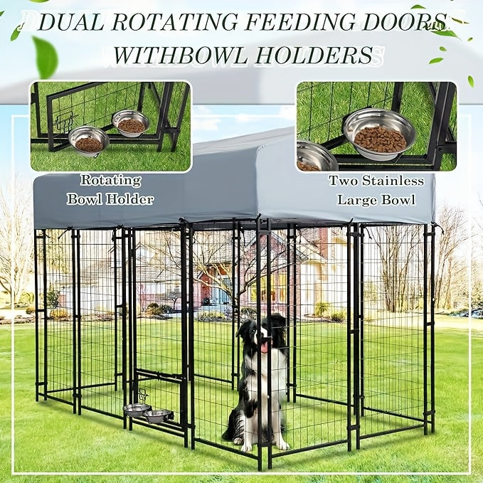 8x4x6 FT Outdoor Dog Kennel With Roof, Heavy Duty Dog Cage For Large Dogs, Outside Dog Enclosure With 2 Rotating Dog Bowls, Welded Wire Steel Dog Run Playpen Fence With Secure Lock