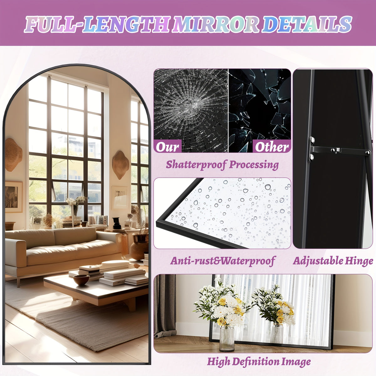 Full Length Mirror, 41"x81" Arched Floor Mirror Freestanding, Oversized Floor Standing Mirror Full Body Mirror with Stand for Bedroom, Hanging Mounted Mirror for Living Room Cloakroom