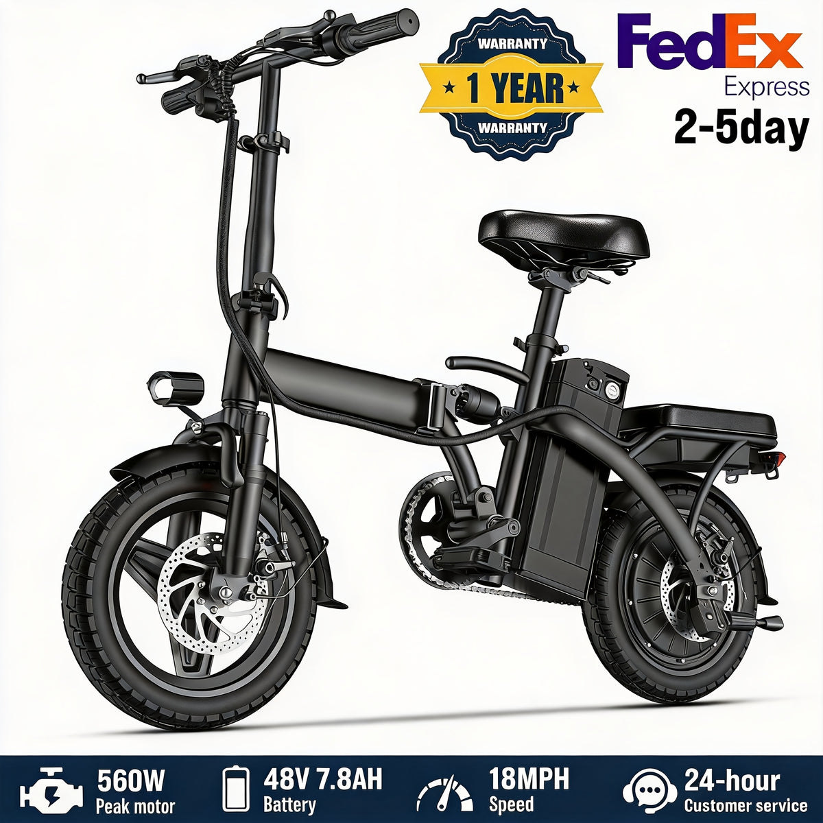 Folding Electric Bike, 560W Motor, 18-24MPH Top Speed, 48V 7.8-12AH Battery, 25-30 Miles Pedal-Assisted Range, 500LBS Max Load Capacity, Ideal for Daily Commuting And Outdoor Trips