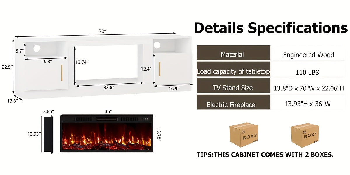 Fireplace Tv Stand with 36 Inch Fireplace Up to 80" TVs, LED Light Entertainment Center And Storage, 70" Modern Wood Media TV Console with Highlight Cabinet for Living Room