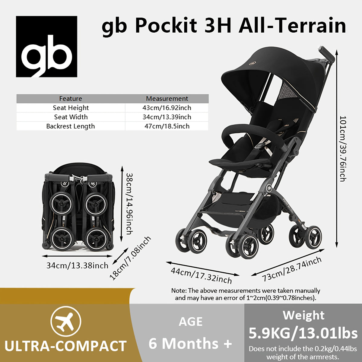 gb POCKIT 3H Ultra-Light Foldable Stroller | 13.01LB Portable Baby Pushchair with All-Terrain Wheels, One-Touch Fold/Brake, Storage Basket, Sunshade Canopy & Baby Handle, Gift Box Packaging, For Halloween, Thanksgiving, Christmas