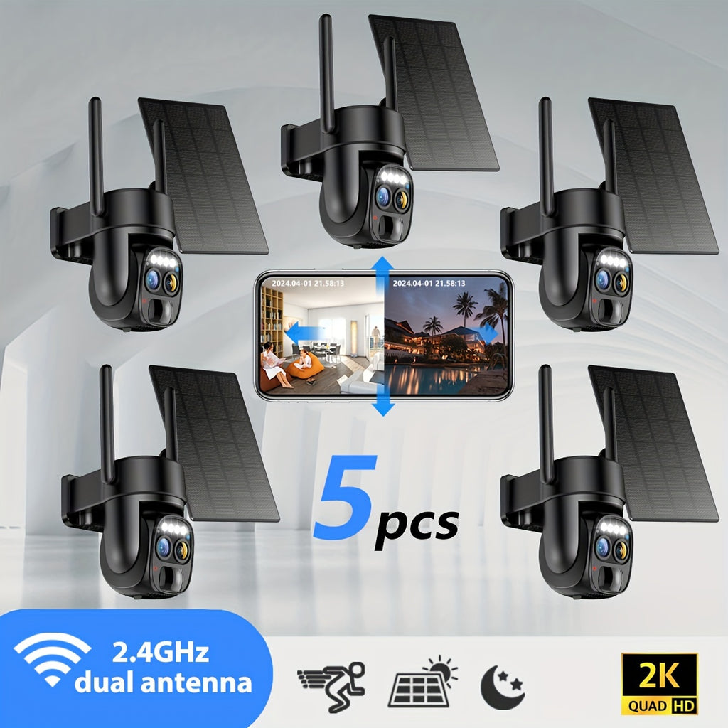5pcs [10X Zoom] 360-Degree Low-Power Solar Panel Battery 2K FHD Wifi with Spotlight Alarm, Motion Detection, Color Night Vision, Two-Way Audio And