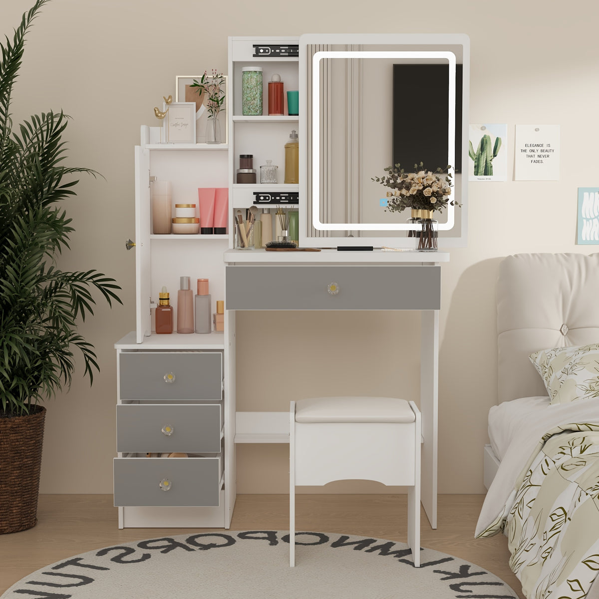 Push-Pull Makeup Table with Light in Bedroom