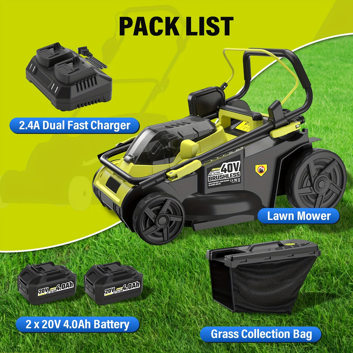 40V 16-inch Cordless Lawn Mower With 11.89gal Grass Collection Bag, 6 Position Height Adjustment Electric Lawn Mower, 2 X 20V 4.0Ah Battery Powered Push Lawnmower, 2.4A Fast Charger Included