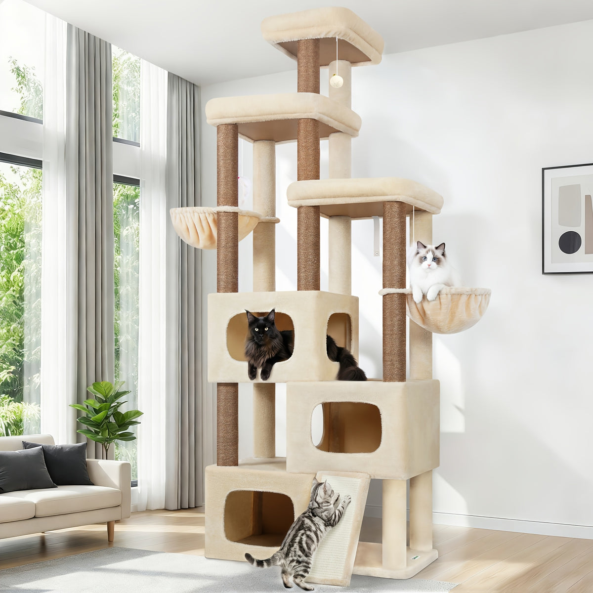 A Robust 85-Inch Cat Tree Designed for Larger Felines, Featuring a Spacious Condo, Sisal Scratching Post, Ramp, And Perch, Suitable for Cats Over 20 Lbs. Ideal for Homes with Multiple Cats, Including Maine Coons