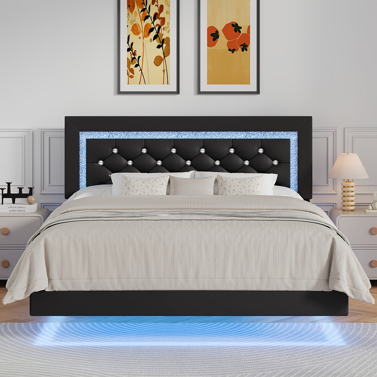 Twin Full Queen King Size Floating Black/White/Pink Bed Frame with LED Lights, Platform Bed with Diamond Tufted Headboard, Wood Bed Frame, Bed Frame Queen Size No Box Spring Needed, Noise Free, Easy Assembly, Black/White/Pink