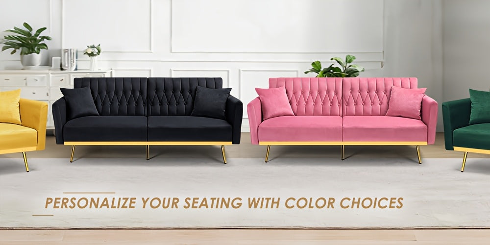 ACMEASE 70-Inch Velvet Convertible Sofa Bed with 2 Pillows, Adjustable Backrest And Armrest Tufted Sleeper Sofa with Golden Metal Legs for Living Room