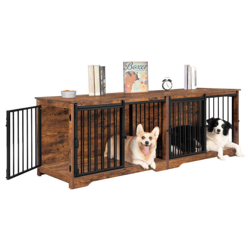 78" Dog Crate Furniture with Divider, Dog Crate Barn Door, Dog Kennel Indoor, Wood Dog Crate for 2 Dogs Small/Medium/Large Dog, End Side Table, Anti-Chew Anti-Escape