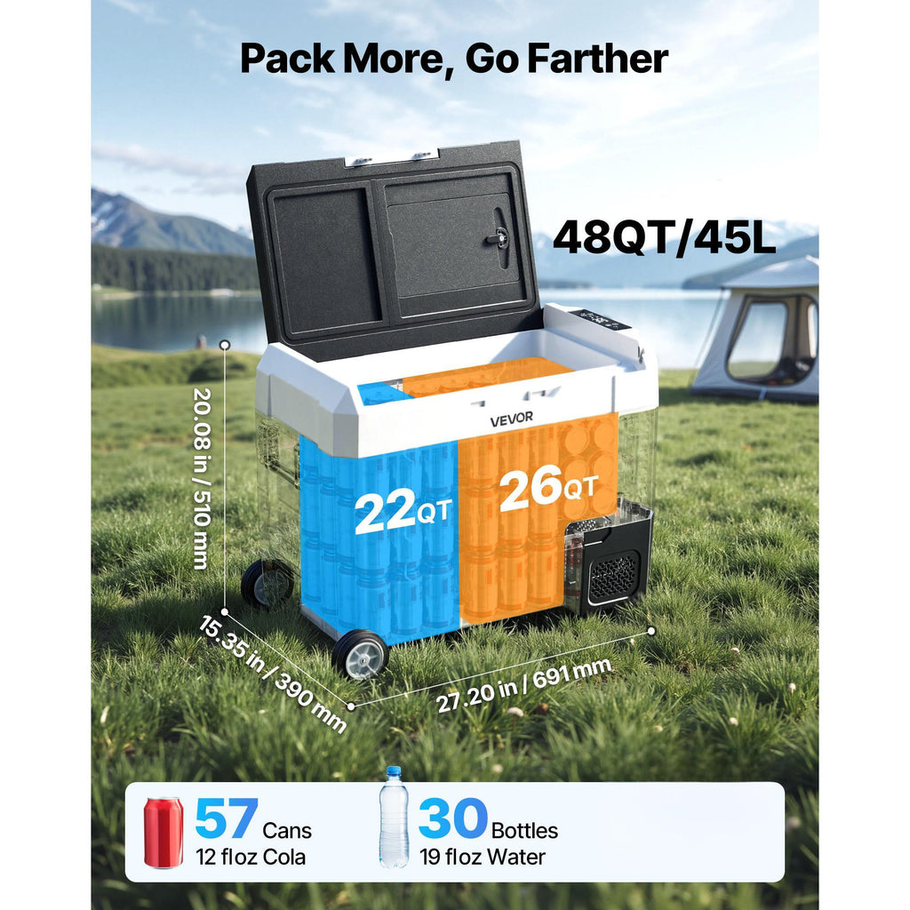 VEVOR Car Refrigerator, DC 12/24V AC100-240V Compressor Electric Cooler, -4°F to 68°F Truck Refrigerator, Wheels & Dual Zone, 48 QT Cars Cooler for RVs, Boats, Camping, Fishing