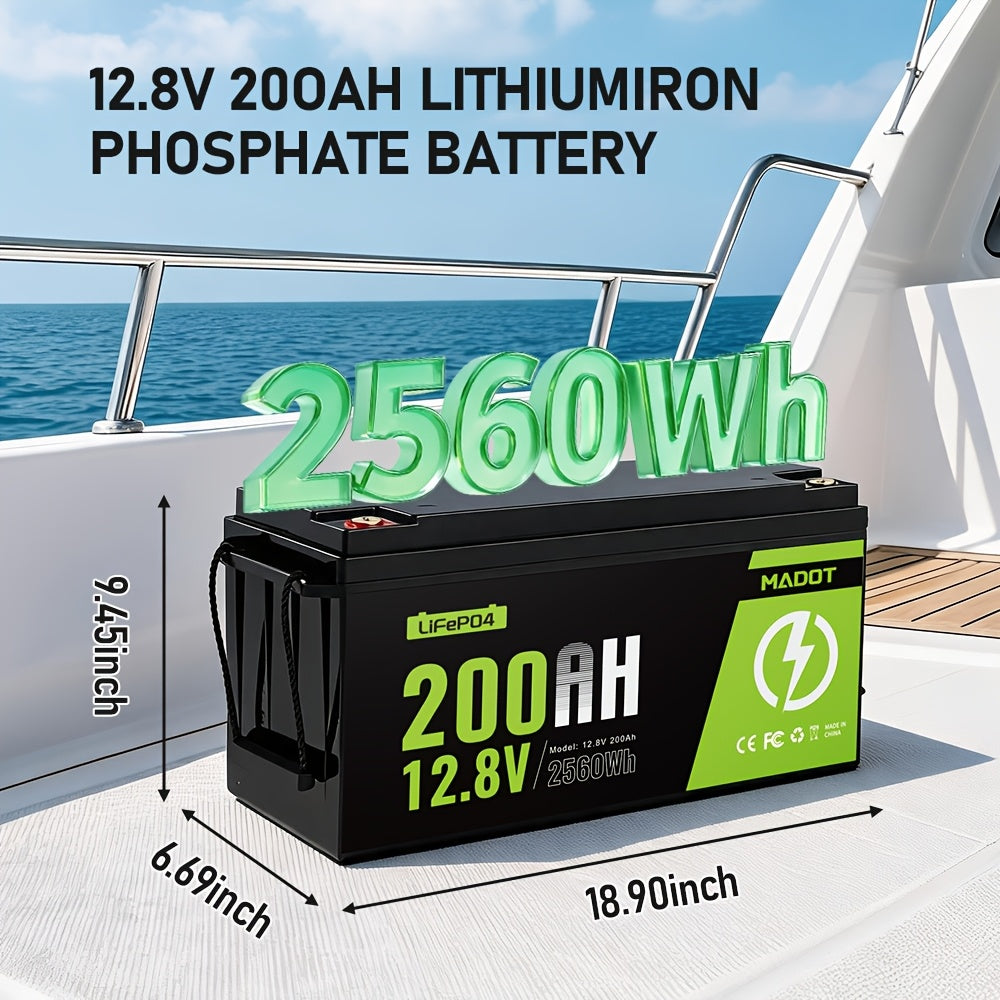 12V 200Ah LiFePO4 Battery, MADOT Built-in 200A BMS, 15000 Deep Cycles, 2560Wh, 10 Years Lifetime, Low Temp Protection Lithium Iron Phosphate Battery for Home Energy, RV, Trolling Motor, Marine, Off-Grid, Solar