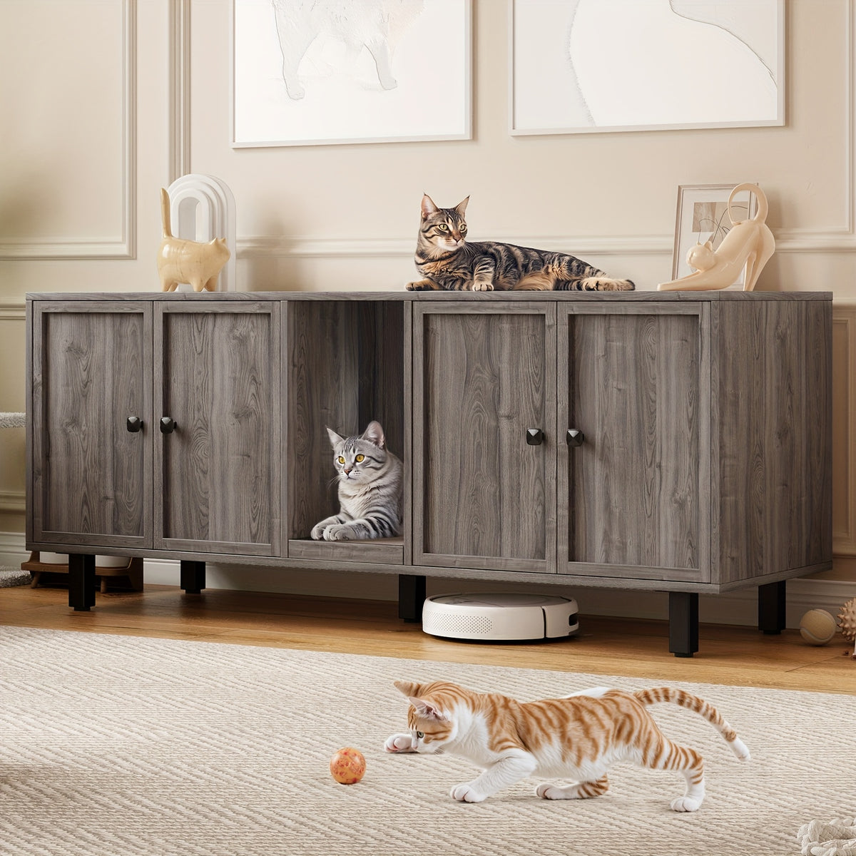 [Cat Litter Box Enclosure] 59 Inches Cat Litter Box Enclosure for 2 Cats, Hidden Litter Boxes Furniture with Cat Scratch Pad, Large Indoor Cat House with Double Room, Wooden TV Stand Side Table, Black