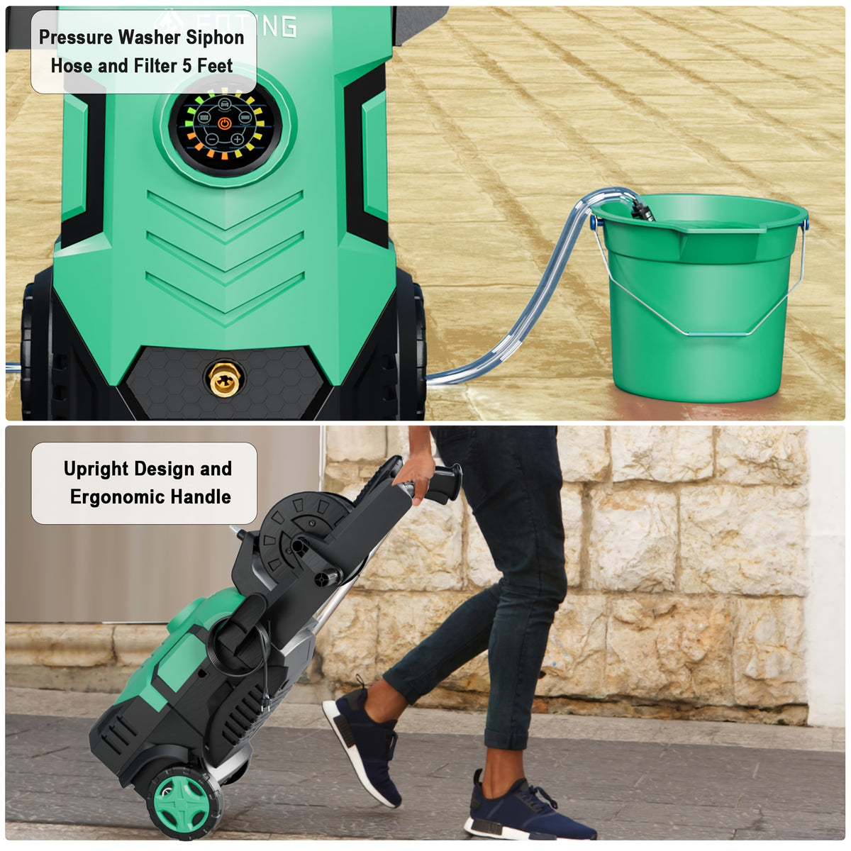 2025 Upgraded Electric Pressure Washer, IPX5 with Adjustable Touch Screen, IPX5 5000 PSI 3.3 GPM, 8 Power Settings, Suitable for Car, Yard, and Floor Cleaning, with 4 Nozzles, 23ft Hose, 16ft Power Cord, Detergent Bucket