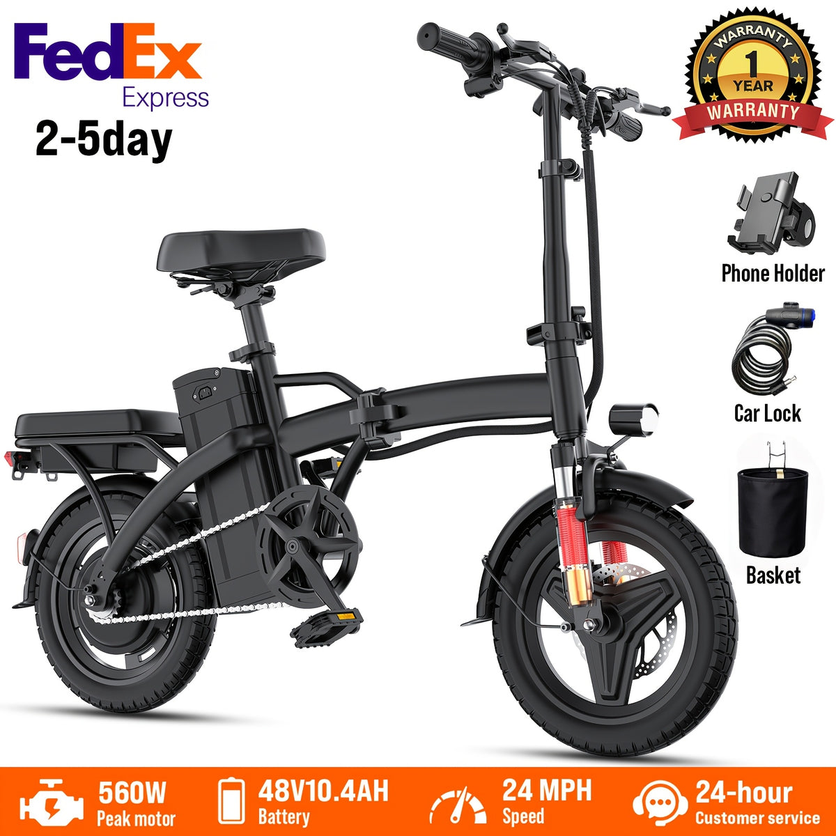 14 Inch Folding Electric Bike for Adults And Teens, 560W Peak Motor, Removable 48V 10.4AH Battery, 12-24 MPH Top Speed, 32 Miles Assist Range, 330 LBS Max Load, Ideal for Urban Commuting & Recreational Riding, Perfect Gift Choice