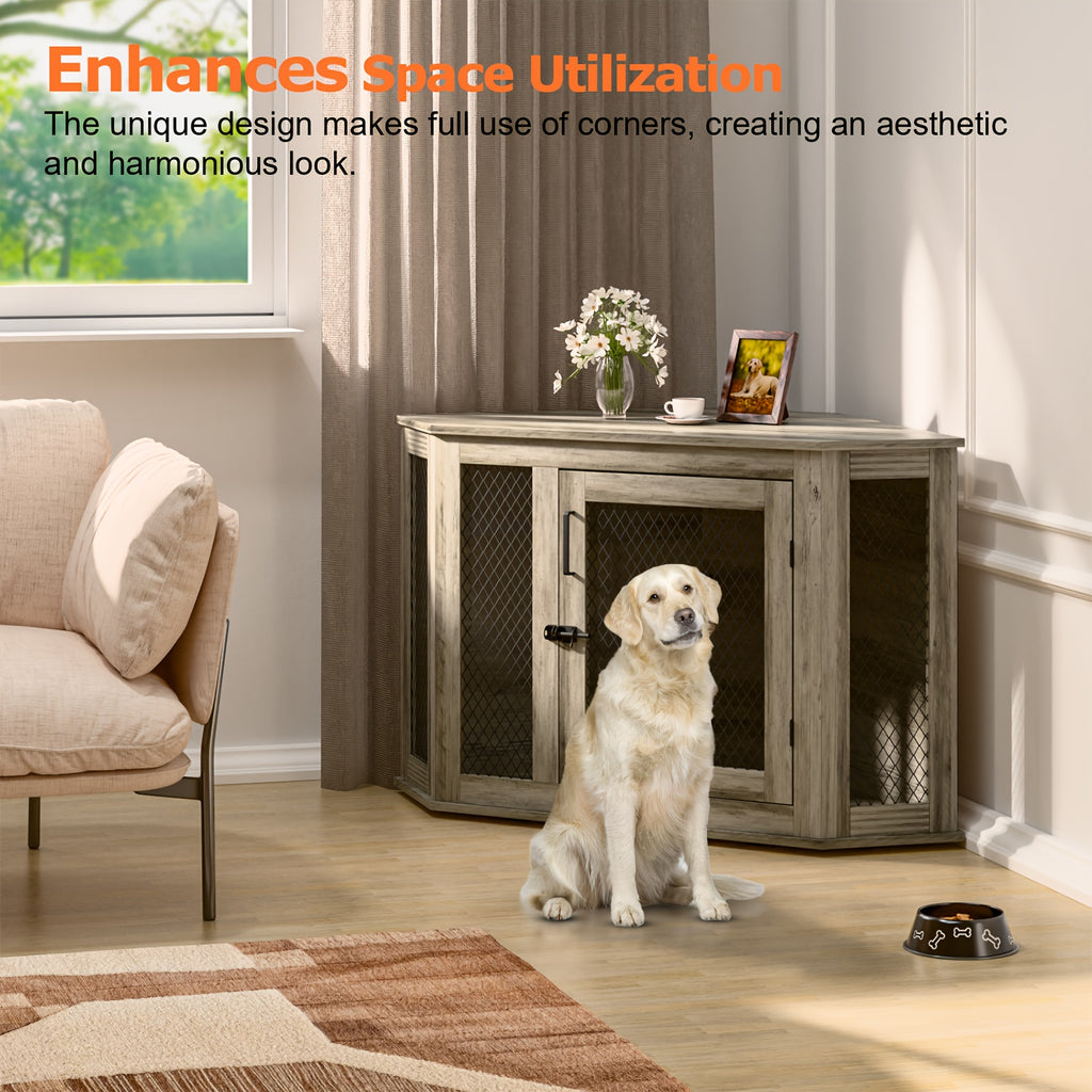 Furniture Corner Dog Crate, 52" Wooden Dog Kennel Furniture End Table with Mesh, Indoor Pet Crate Side Table for Small Medium Dogs Puppy, Perfect for Limited Room