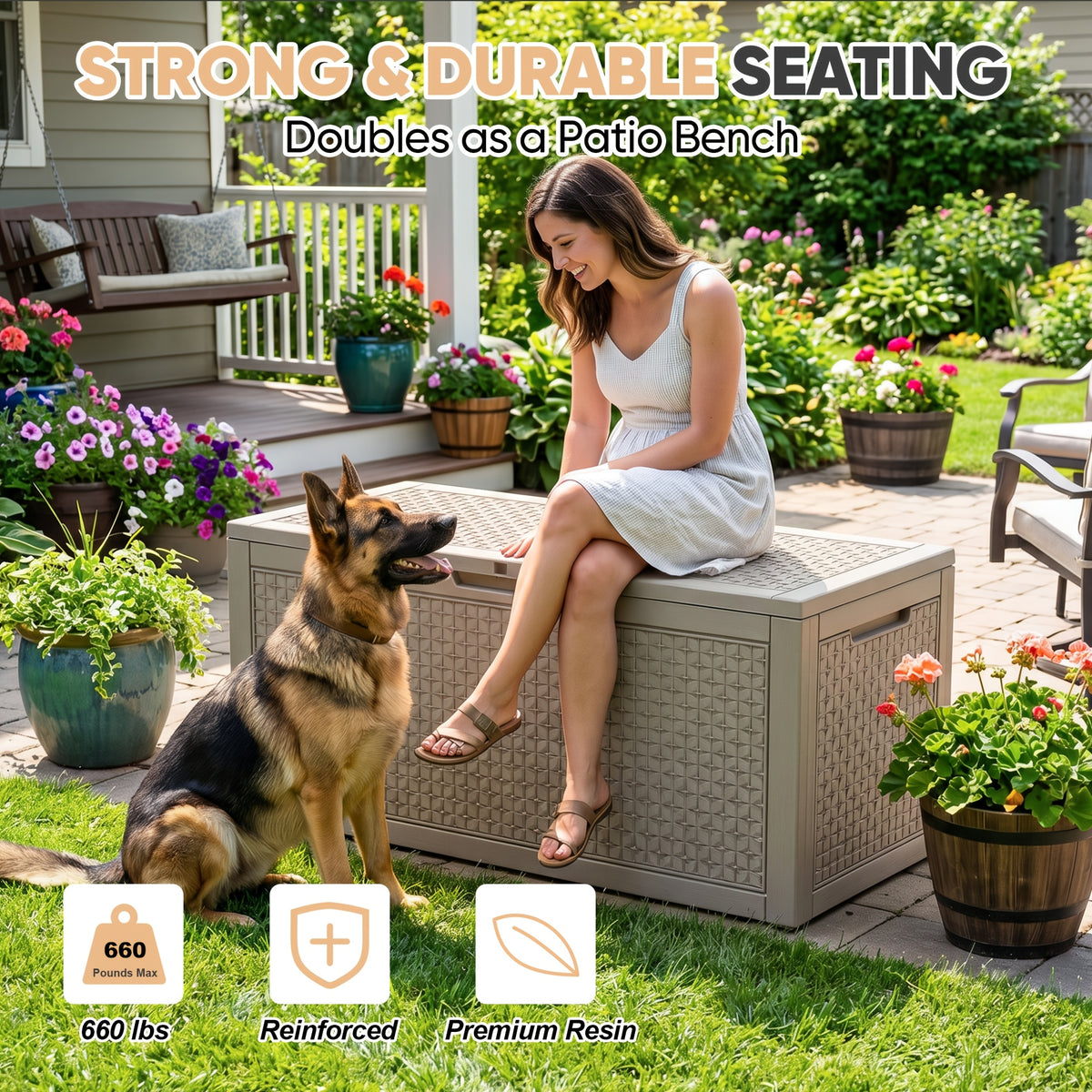 Outdoor Deck Box, 120-Gallon Lockable Resin Storage Chest with Rattan Look for Patio and Pool Supplies