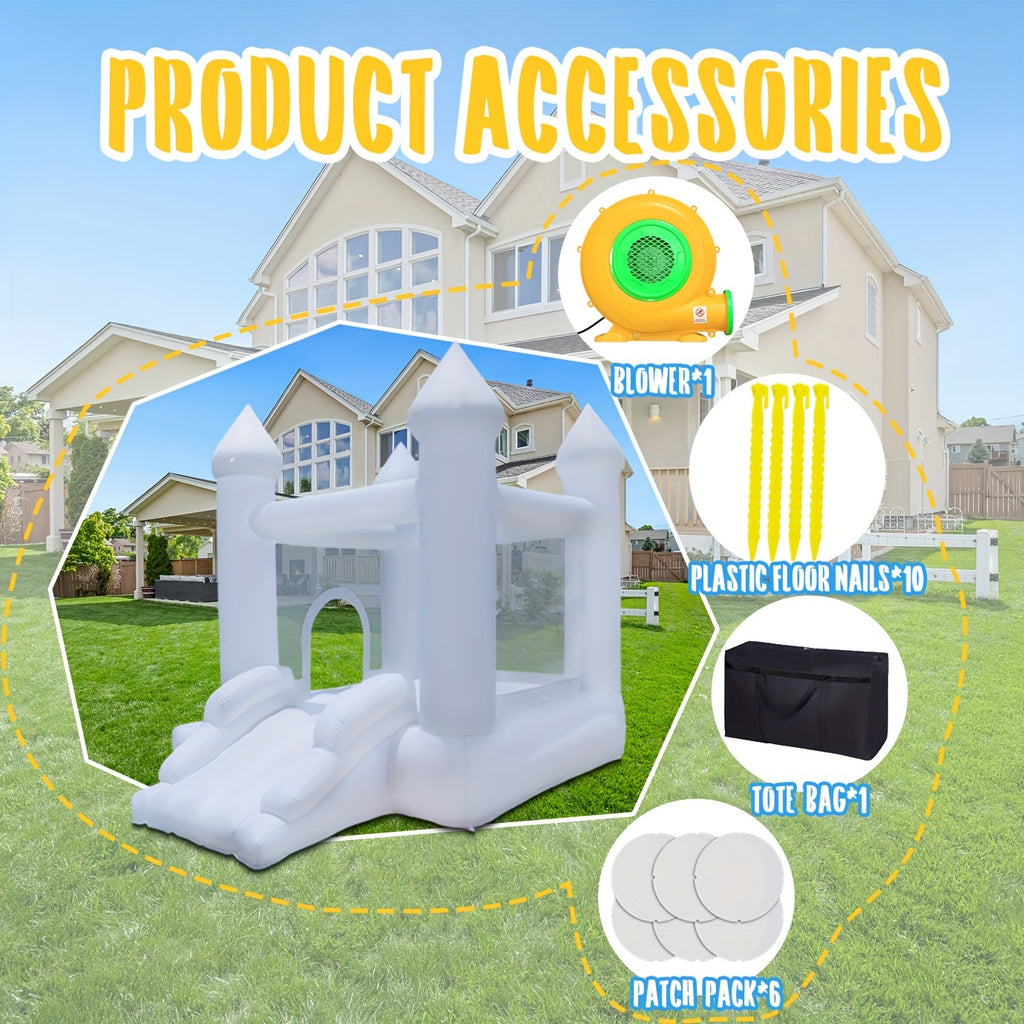 White Inflatable Castle, Suitable For Both Indoor And Outdoor Use, Equipped With A Blower, Ball Pit And Slide, Easy To Install, Suitable For Various Activities And Birthday Parties, Can Play For 2-3 Children.