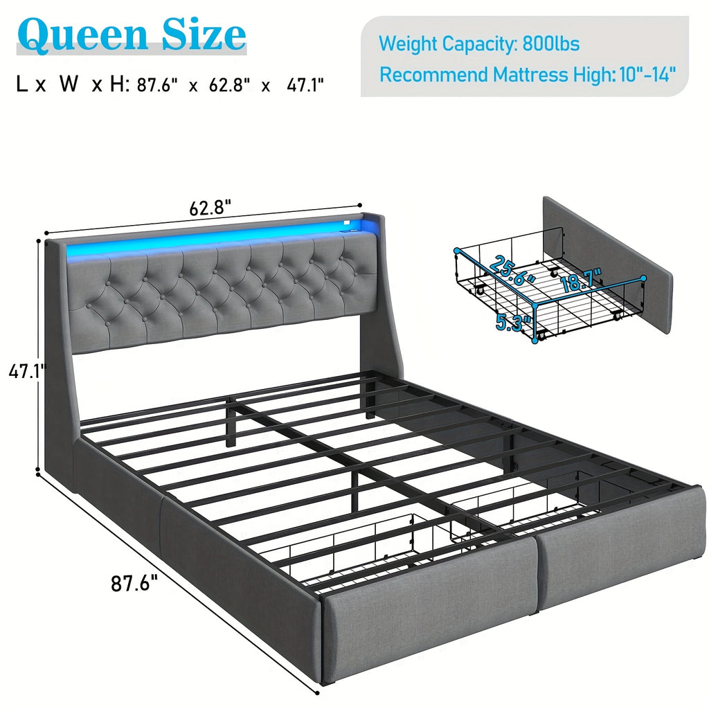 Queen Bed Frame with 2 Storage Drawers And Luxury Wingback Upholstered Button Tufted Storage Headboard, Charging Station, Storage Headboard And LED Lights/Noise-Free/Grey