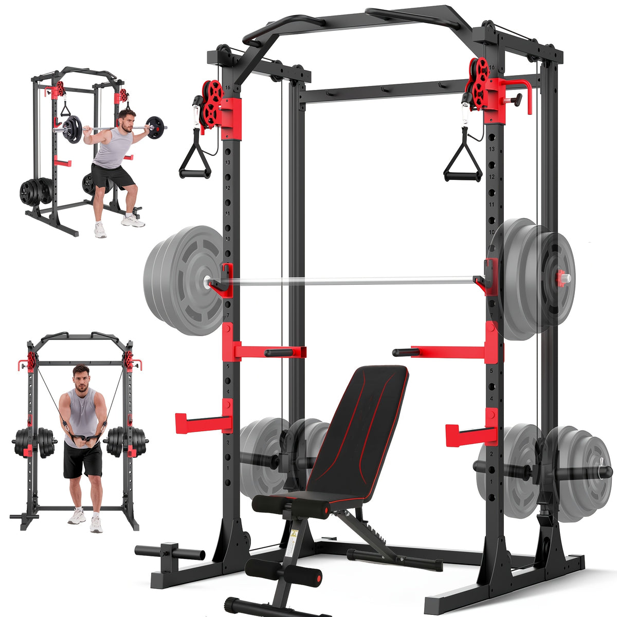 Power Cage, Multi-Functional Power Racks for Home Gym with Dual Pulley Systems, 2000 LBS Weight Capacity Fitness Squat Rack for Strength Workout with More Training Attachment Optional Weight Bench Weight Plates and Barbells Not Included