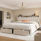 King Size Upholstered Bed Frame with Storage, 2-Tier Headboard And 2 Drawers, Sturdy Wood Slats, No Box Spring Needed, Noise-Free, Modern Grey/Beige, Easy Assembly, Space Saving