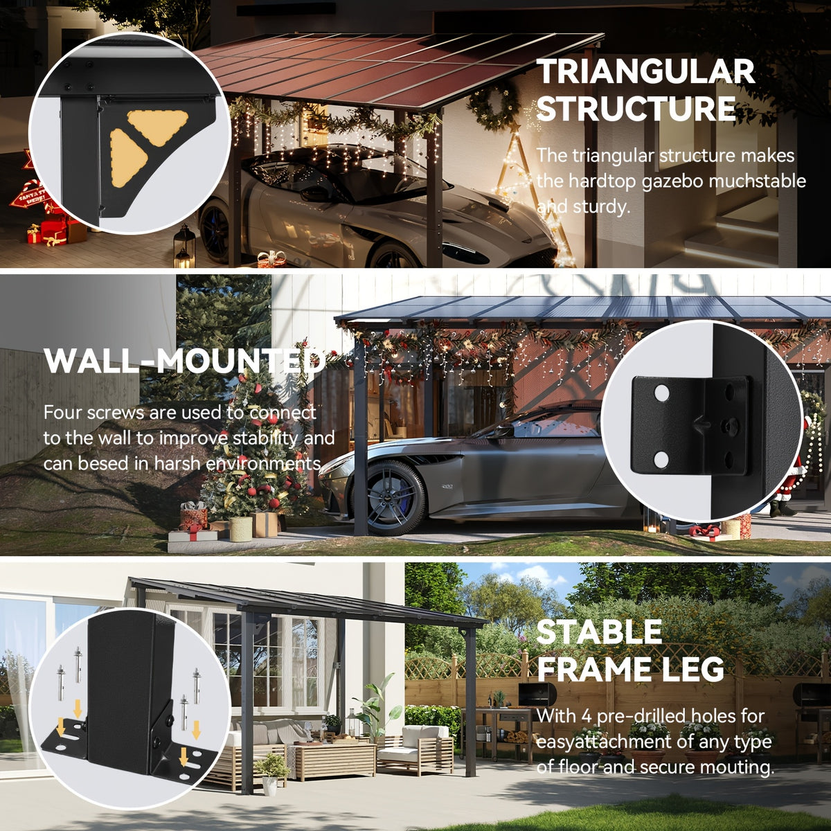 8 X 5FT, 8 X 10FT, 12 X 10FT, 14 X 10FT, 16 X 10FT, 20 X 10FT Outdoor Carport, Sloping Roof Carport, Wall-Mounted Aluminum Carport, Suitable for Outdoor Spaces Such As Porches, Decks, Backyards, Gardens, Etc (Multi-Size Selection)