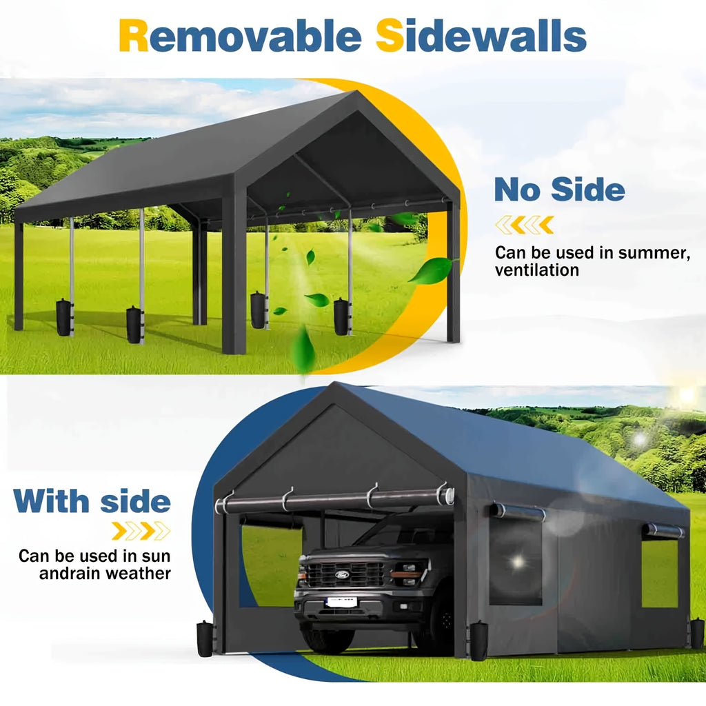 JAMFLY Sturdy Carport Featuring Roll-Up Ventilated Windows, Outdoor Canopy, Portable Garage Gazebo Equipped with Detachable Sidewalls & Doors for Vehicles, Truck, Boat, All-Season Tarp Car Canopy