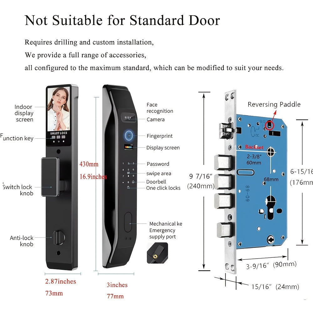Modern AI Smart Lock with 3D Facial & Fingerprint/Palm Vein Biometric Entry, Keyless Door Lock Suitable for Home/Office, Remote Video Intercom System, Mobile App, Password/Key Entry, Smart Door Lock for Apartments