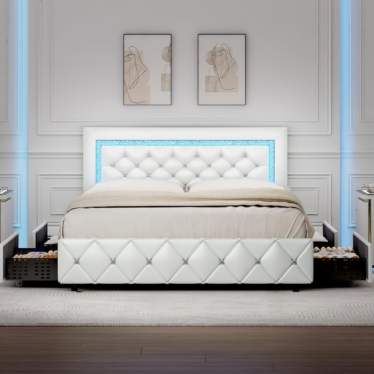 Twin Full Queen Size Bed Frame With LED Lights And Storage Drawer With Scroll Wheels, Upholstered Platform Bed With Crystal Tufted Headboard, Maximum Weight Recommendation 800 Pounds, Black/White/Pink/Yellow