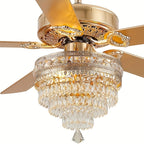Crystal Ceiling Fan Fandelier with Lights - Modern Outdoor Fans with Remote Control, Noiseless AC Motor, Retro/Farmhouse Lighting, Dining Room, Living Room (52"